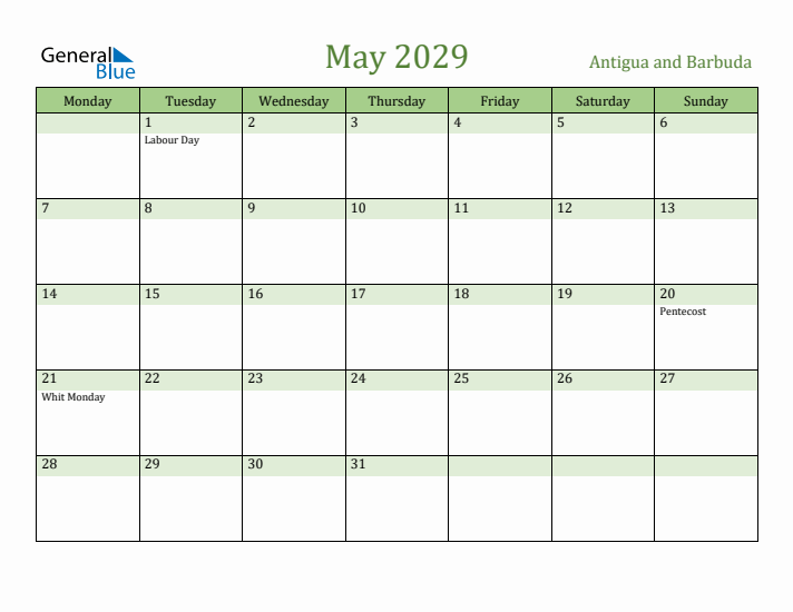 May 2029 Calendar with Antigua and Barbuda Holidays