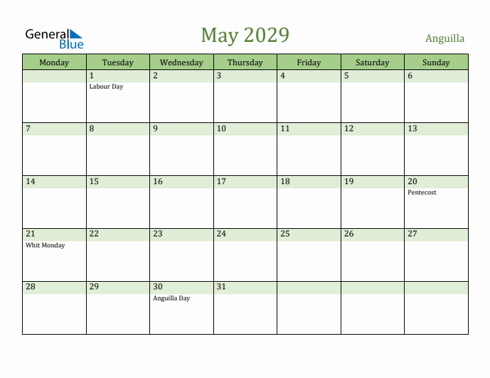 May 2029 Calendar with Anguilla Holidays