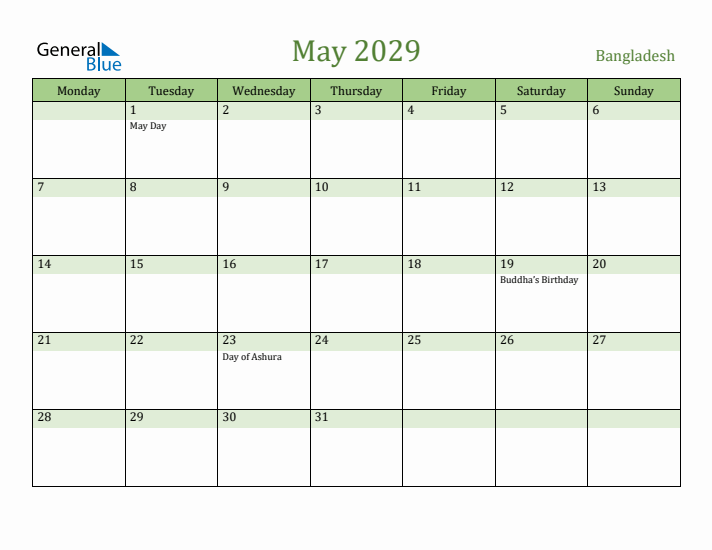 May 2029 Calendar with Bangladesh Holidays