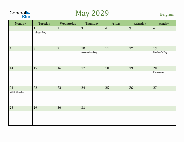 May 2029 Calendar with Belgium Holidays