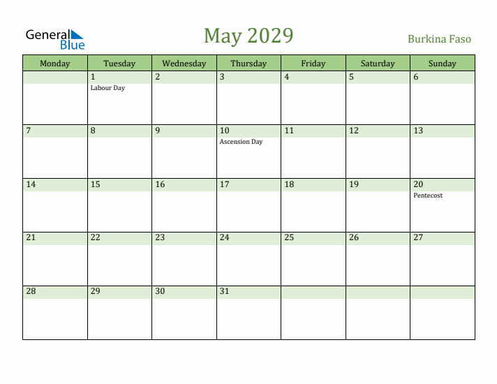 May 2029 Calendar with Burkina Faso Holidays