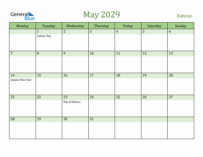 May 2029 Calendar with Bahrain Holidays