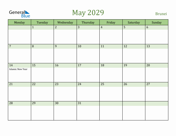 May 2029 Calendar with Brunei Holidays