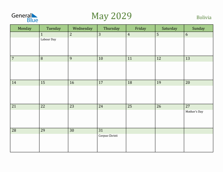 May 2029 Calendar with Bolivia Holidays