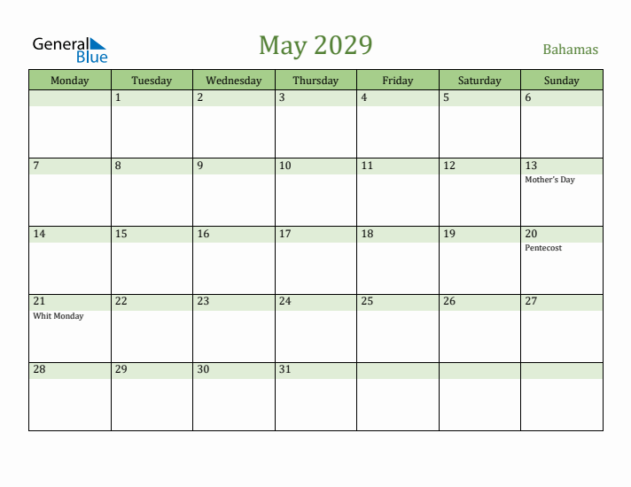 May 2029 Calendar with Bahamas Holidays
