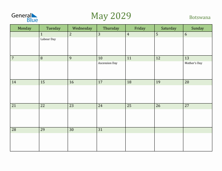 May 2029 Calendar with Botswana Holidays
