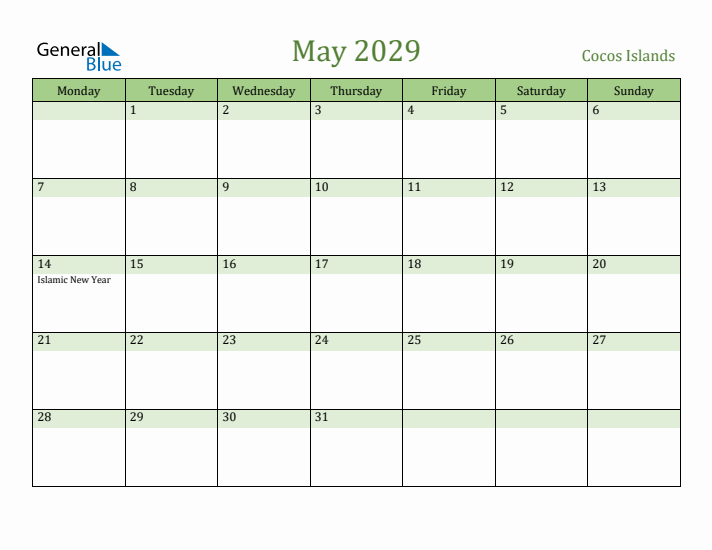 May 2029 Calendar with Cocos Islands Holidays