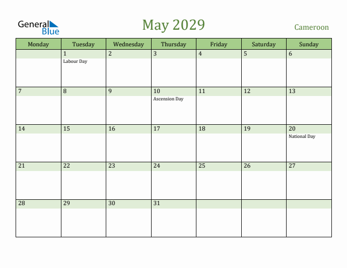 May 2029 Calendar with Cameroon Holidays