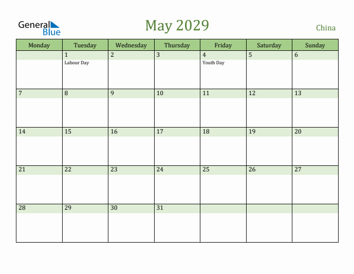 May 2029 Calendar with China Holidays