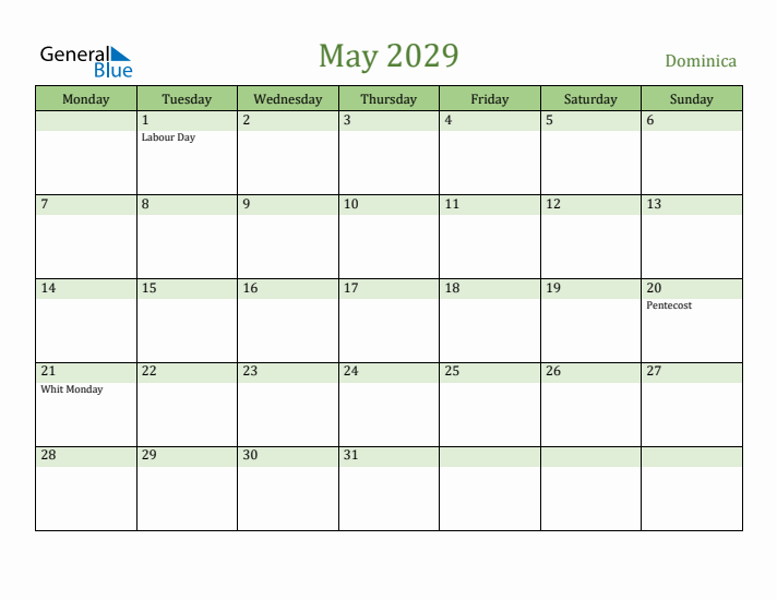 May 2029 Calendar with Dominica Holidays