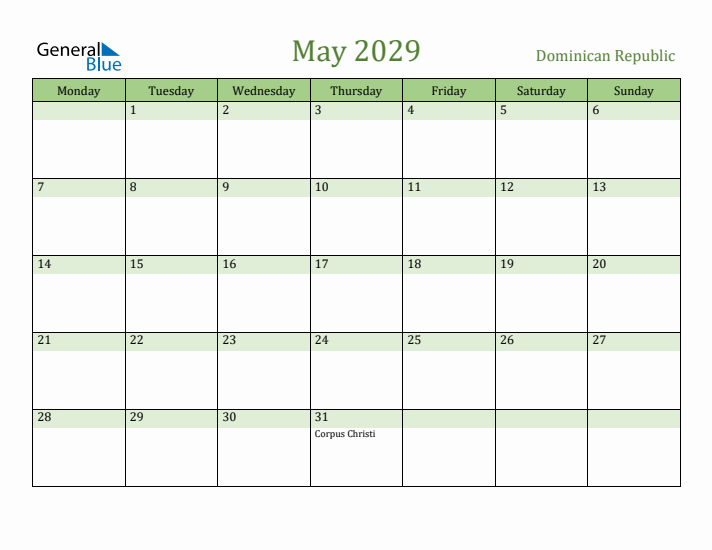 May 2029 Calendar with Dominican Republic Holidays