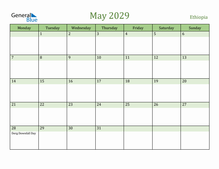 May 2029 Calendar with Ethiopia Holidays