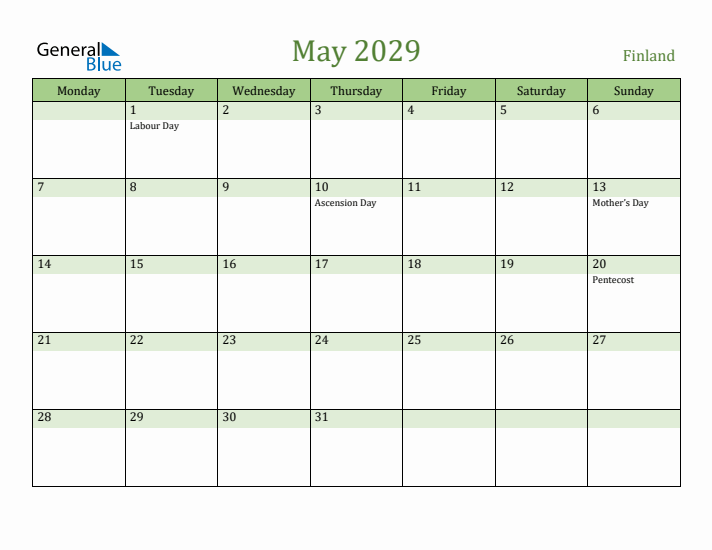 May 2029 Calendar with Finland Holidays