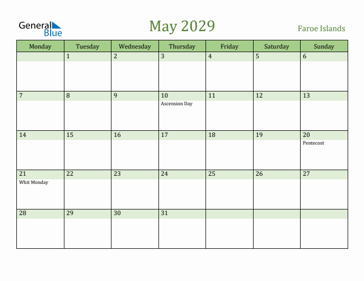 May 2029 Calendar with Faroe Islands Holidays