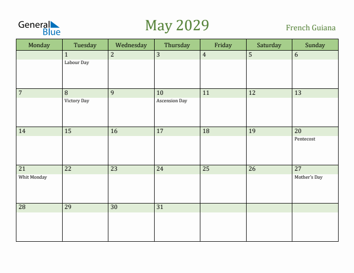 May 2029 Calendar with French Guiana Holidays
