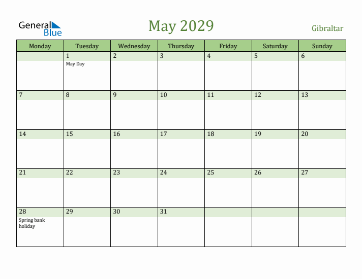 May 2029 Calendar with Gibraltar Holidays