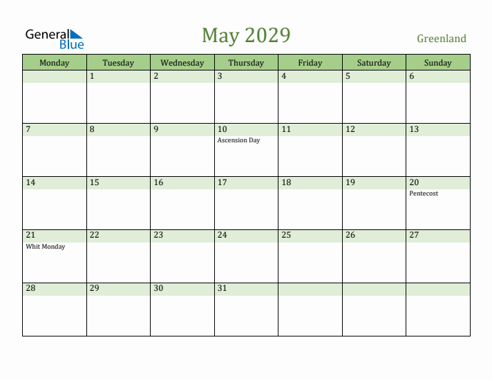 May 2029 Calendar with Greenland Holidays