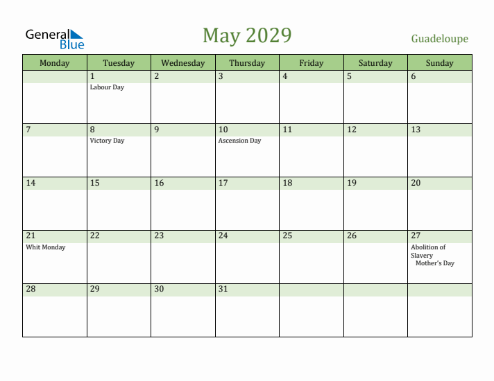 May 2029 Calendar with Guadeloupe Holidays