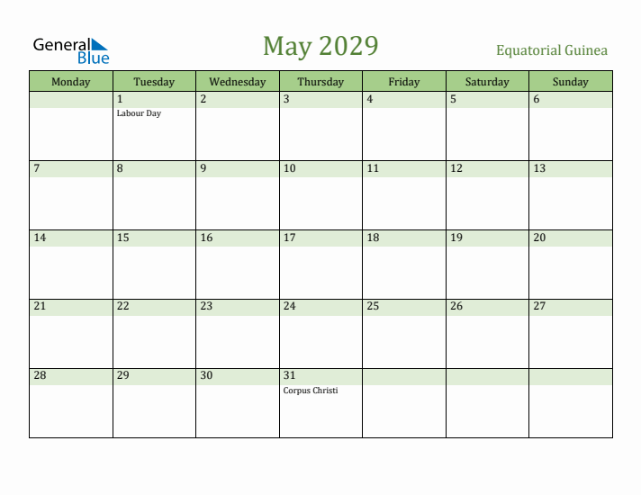 May 2029 Calendar with Equatorial Guinea Holidays