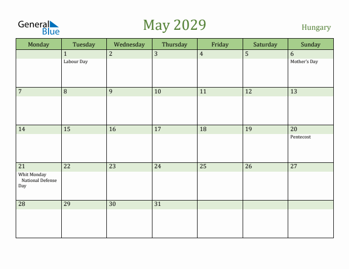 May 2029 Calendar with Hungary Holidays