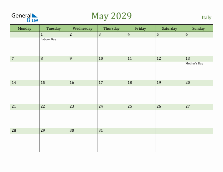 May 2029 Calendar with Italy Holidays