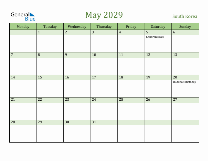 May 2029 Calendar with South Korea Holidays