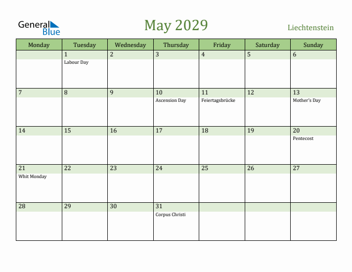 May 2029 Calendar with Liechtenstein Holidays