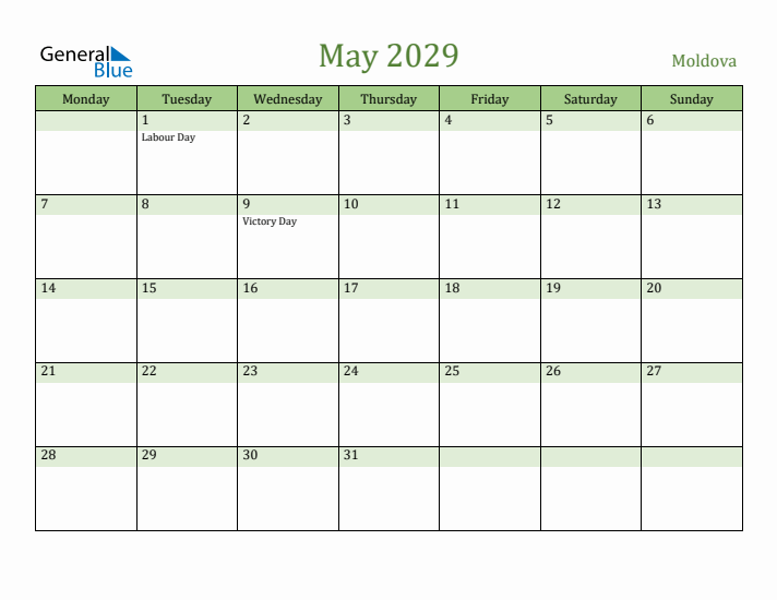 May 2029 Calendar with Moldova Holidays