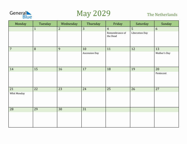 May 2029 Calendar with The Netherlands Holidays