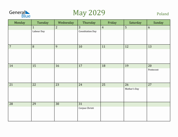 May 2029 Calendar with Poland Holidays
