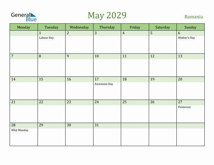 May 2029 Calendar with Romania Holidays