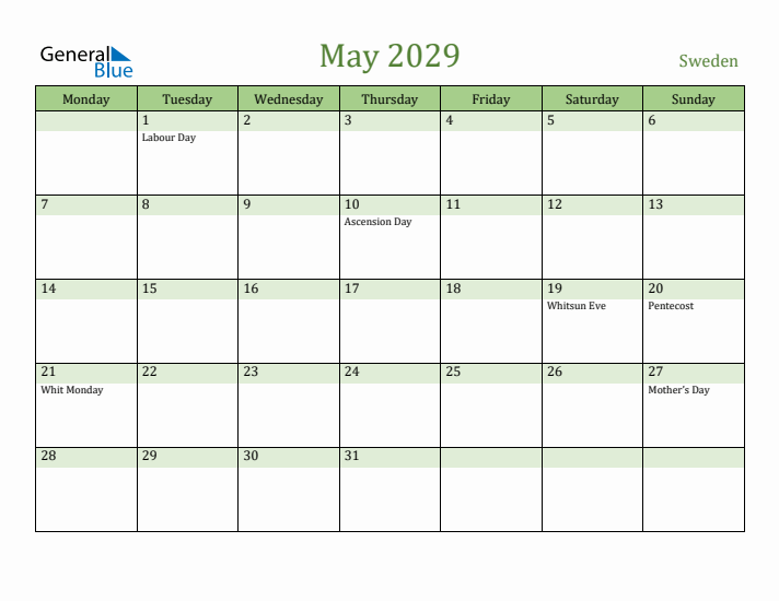May 2029 Calendar with Sweden Holidays