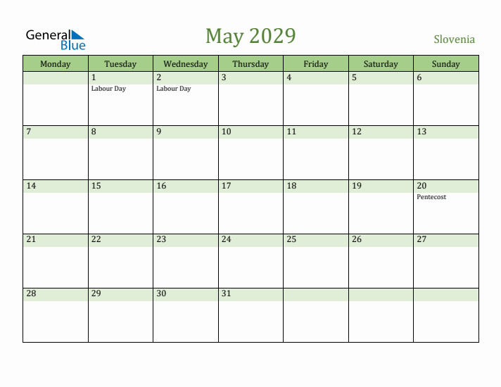 May 2029 Calendar with Slovenia Holidays