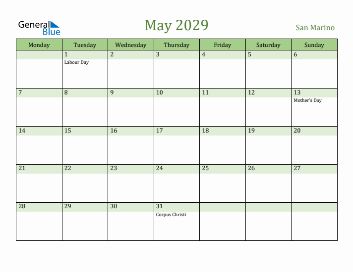 May 2029 Calendar with San Marino Holidays