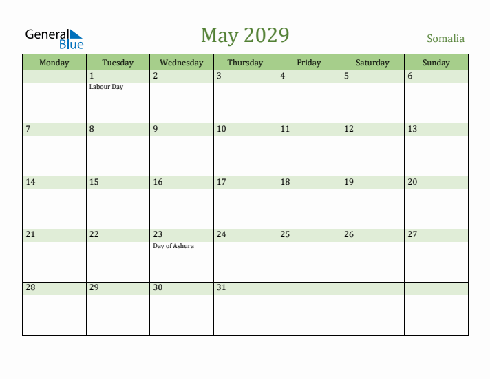May 2029 Calendar with Somalia Holidays