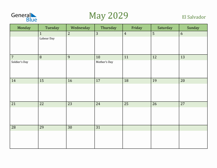 May 2029 Calendar with El Salvador Holidays