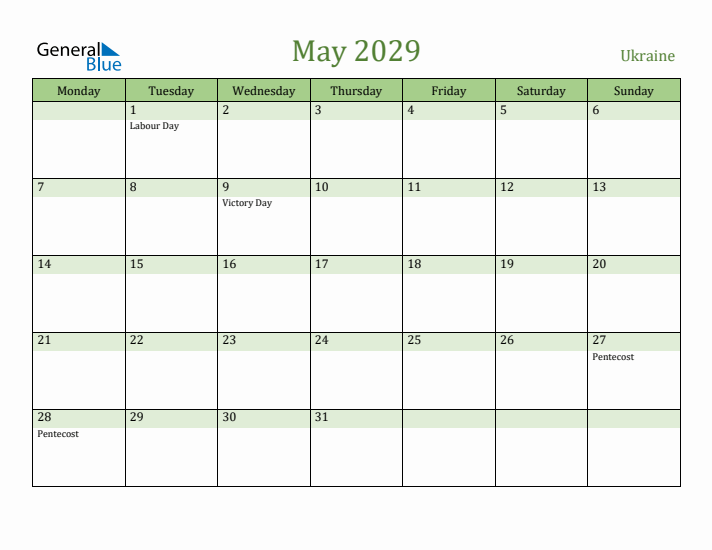 May 2029 Calendar with Ukraine Holidays