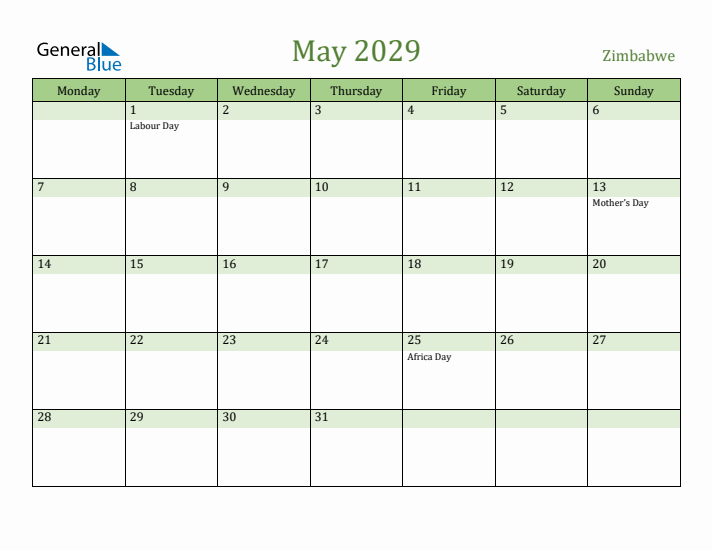 May 2029 Calendar with Zimbabwe Holidays