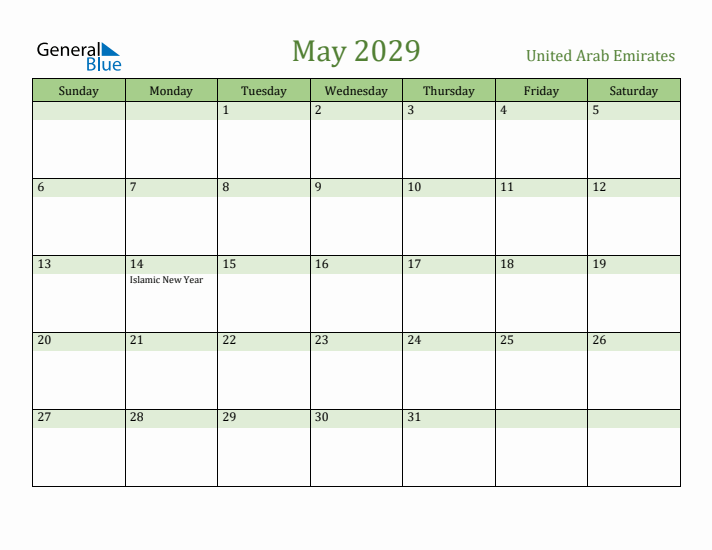 May 2029 Calendar with United Arab Emirates Holidays