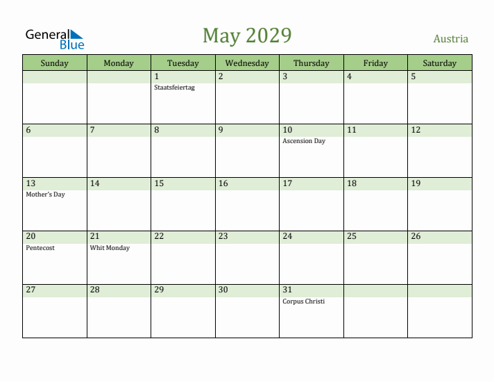 May 2029 Calendar with Austria Holidays