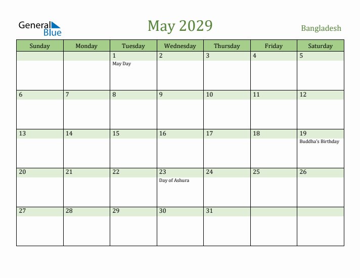 May 2029 Calendar with Bangladesh Holidays
