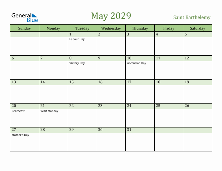 May 2029 Calendar with Saint Barthelemy Holidays