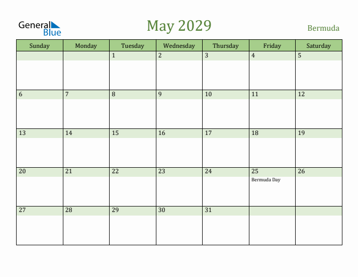 May 2029 Calendar with Bermuda Holidays