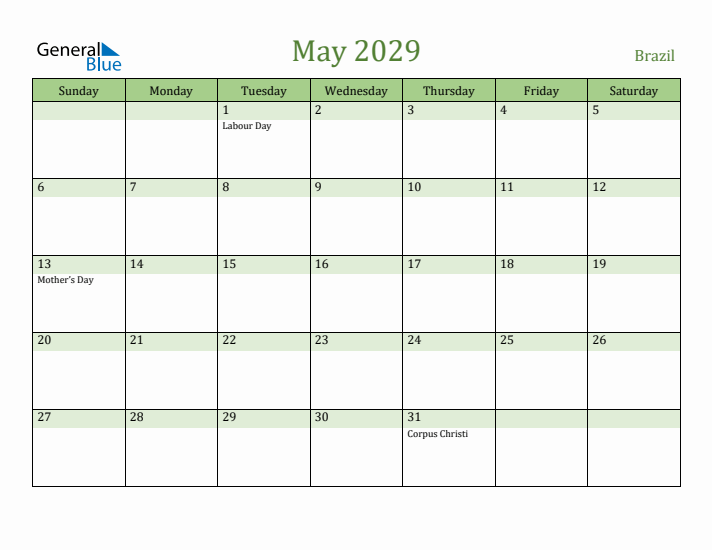 May 2029 Calendar with Brazil Holidays