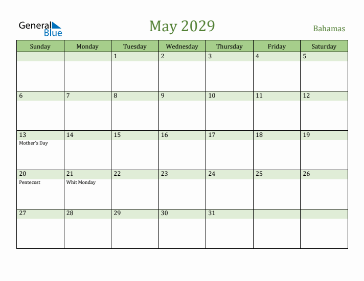 May 2029 Calendar with Bahamas Holidays