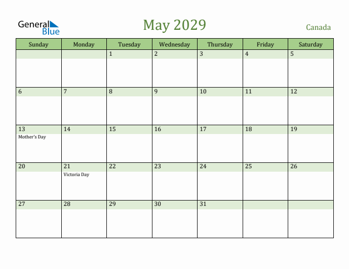 May 2029 Calendar with Canada Holidays