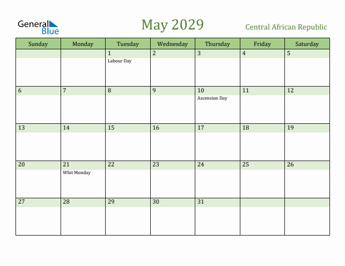 May 2029 Calendar with Central African Republic Holidays