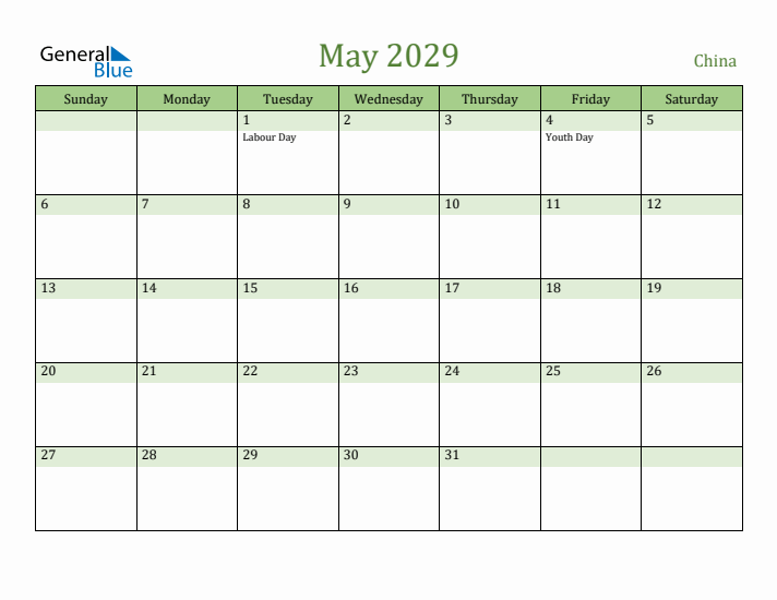 May 2029 Calendar with China Holidays