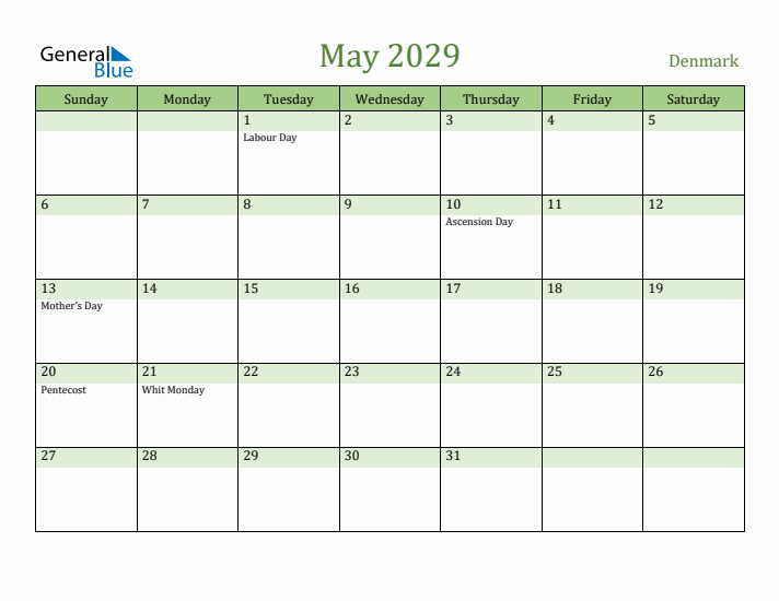 May 2029 Calendar with Denmark Holidays