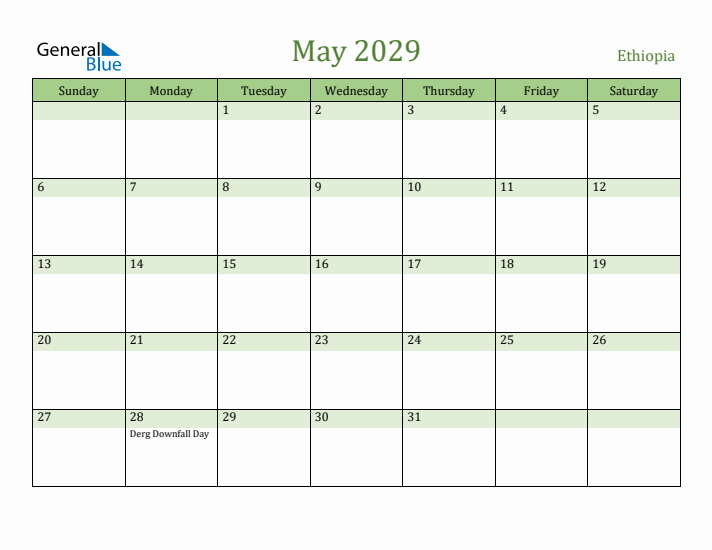 May 2029 Calendar with Ethiopia Holidays
